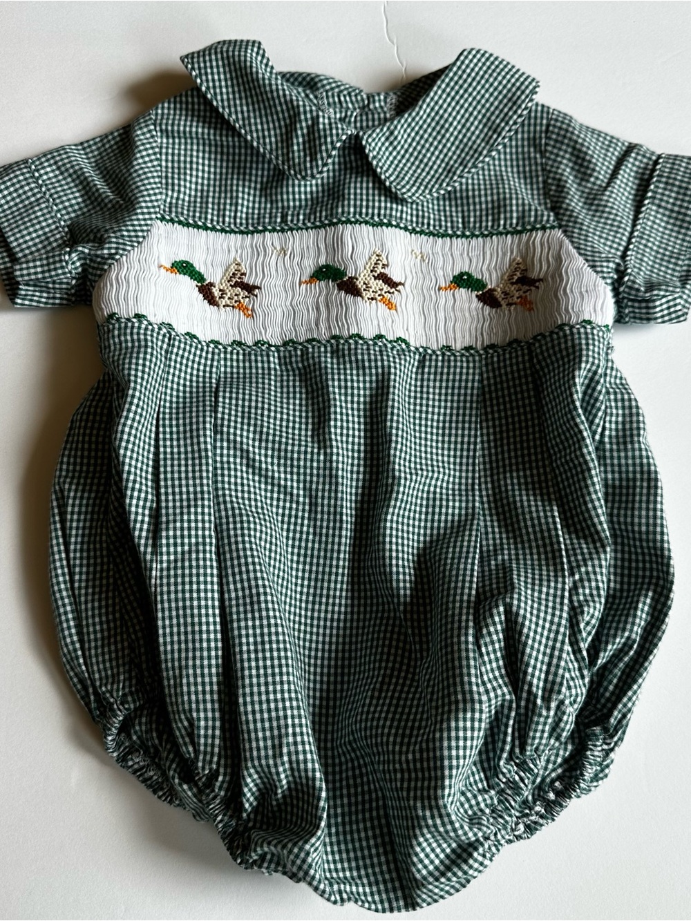 Green Gingham Smocked Duck Bubble Romper - Kids 3M